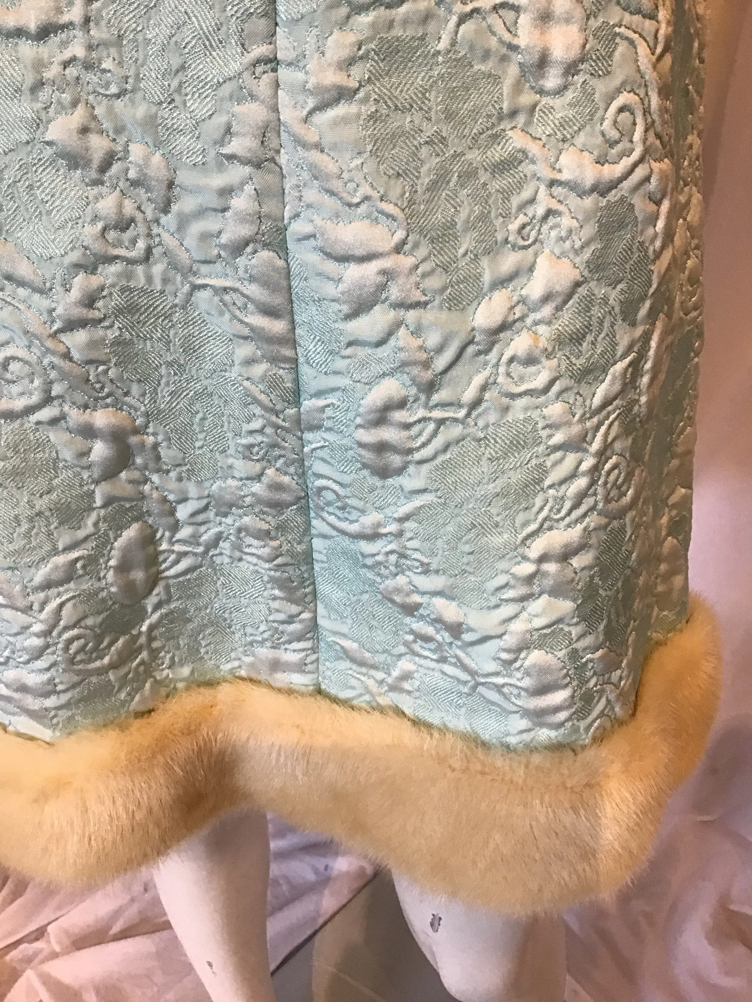 1960's Seafoam Green Silk Brocade Dinner Dress Ensemble size 2-4