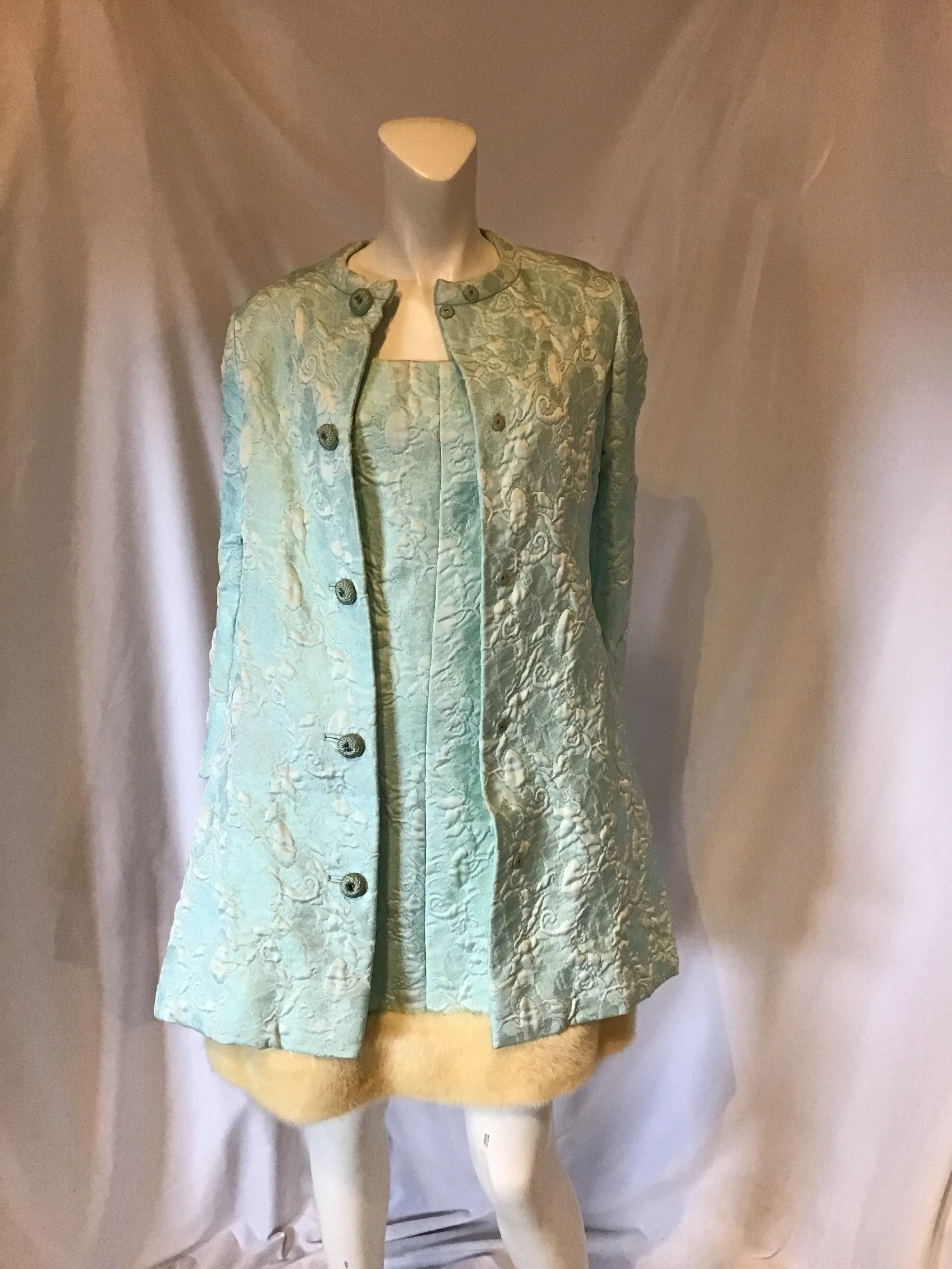 1960's Seafoam Green Silk Brocade Dinner Dress Ensemble size 2-4