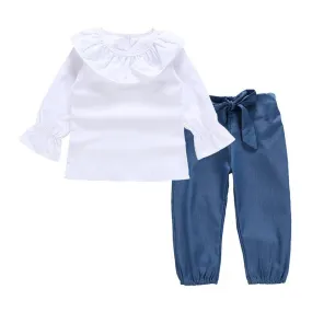 2 Pcs Set Girls White Peter Pan Collar Tops And Lace Up Pants