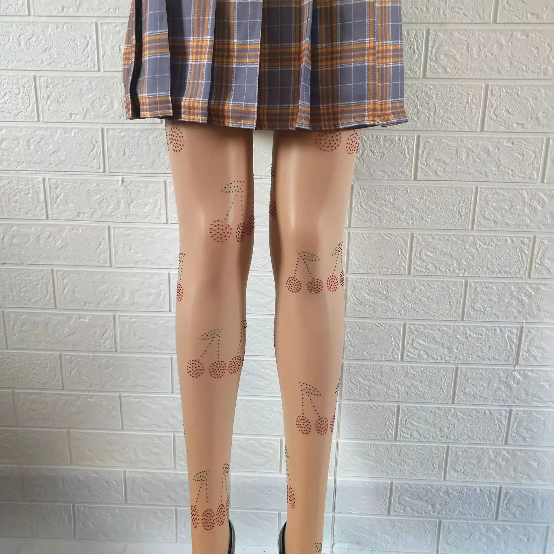 2024 Women's Mesh Stockings – See-Through Cherry Rhinestone Tights, Summer/Fall Elastic Leggings, Skin/Black Color