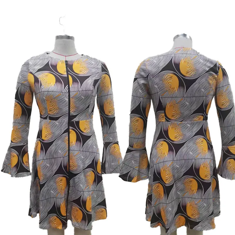African Ethnic Print Flared Sleeve Midi Dress