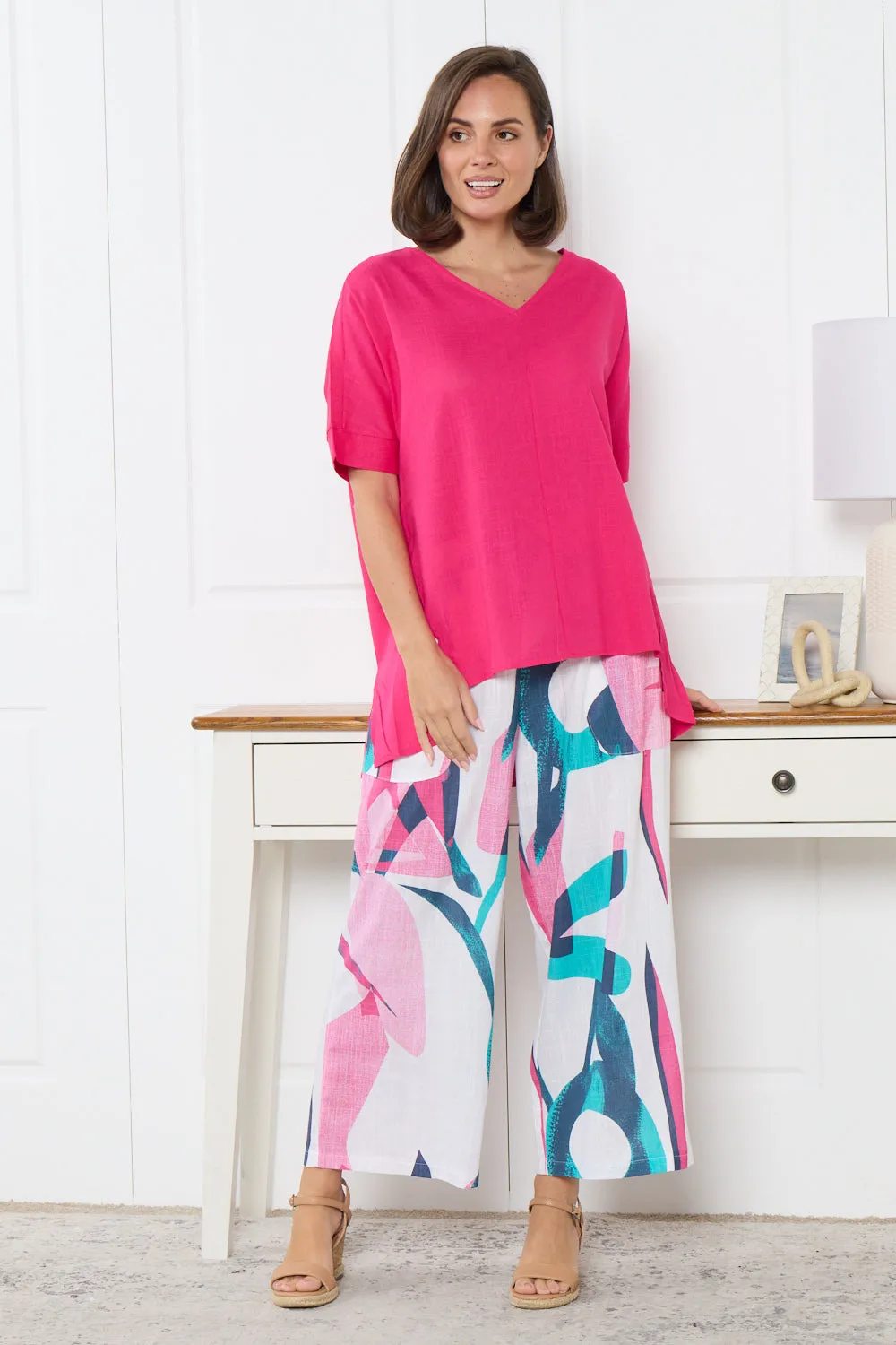 Aiko Linen Pants - Teal/Flamingo Pink Swirl