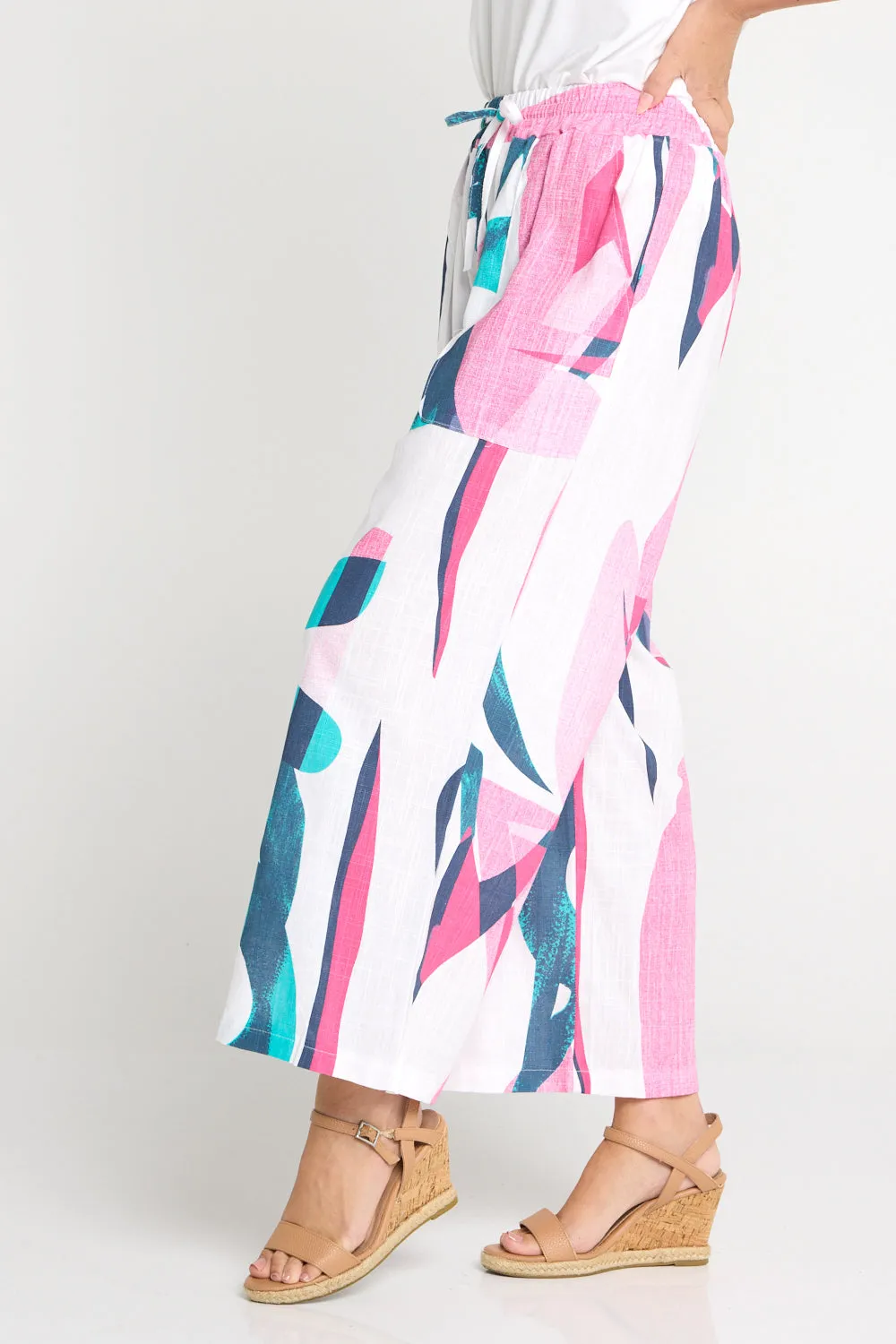 Aiko Linen Pants - Teal/Flamingo Pink Swirl