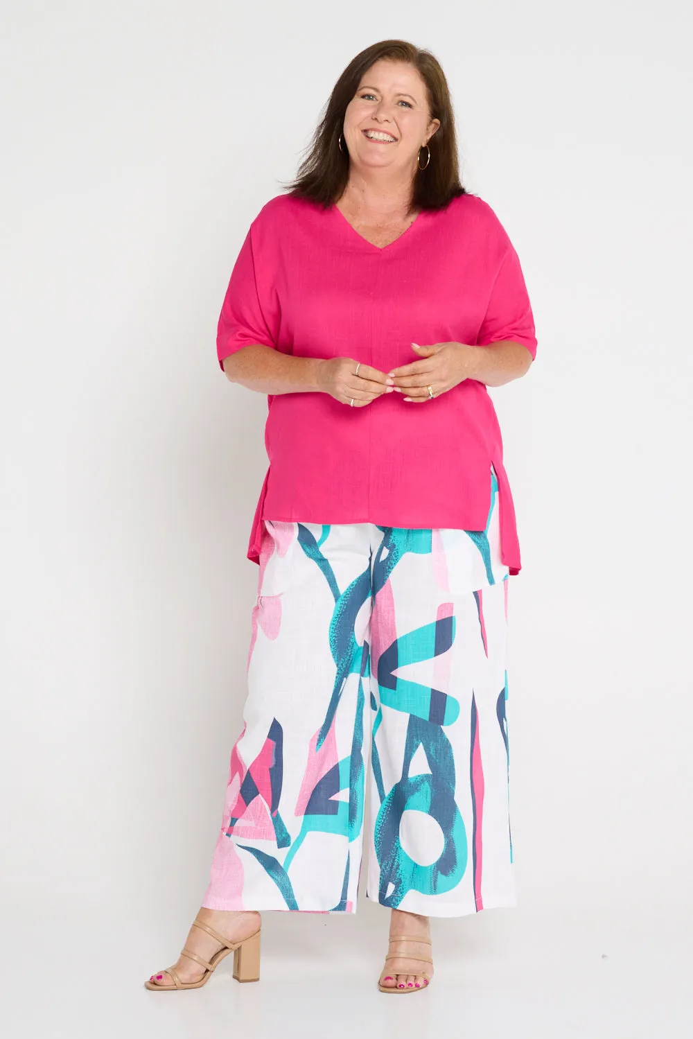 Aiko Linen Pants - Teal/Flamingo Pink Swirl