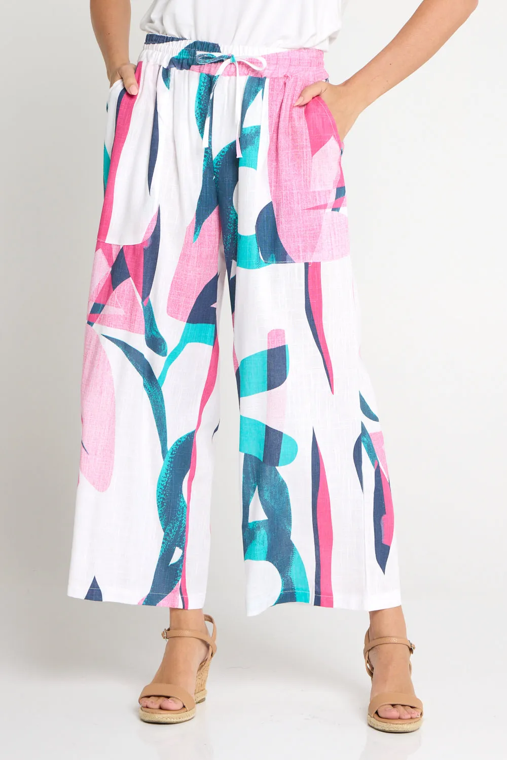 Aiko Linen Pants - Teal/Flamingo Pink Swirl