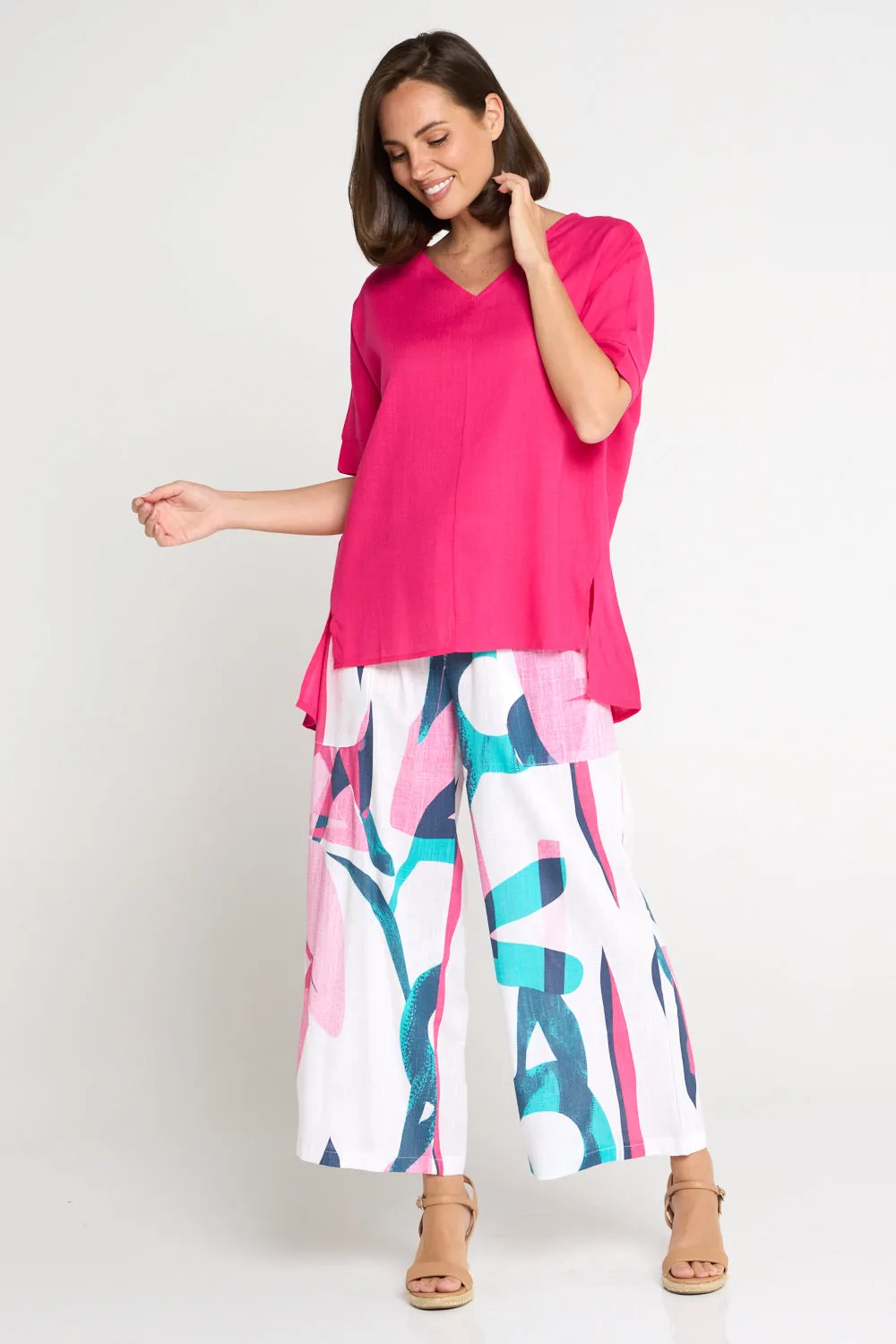 Aiko Linen Pants - Teal/Flamingo Pink Swirl