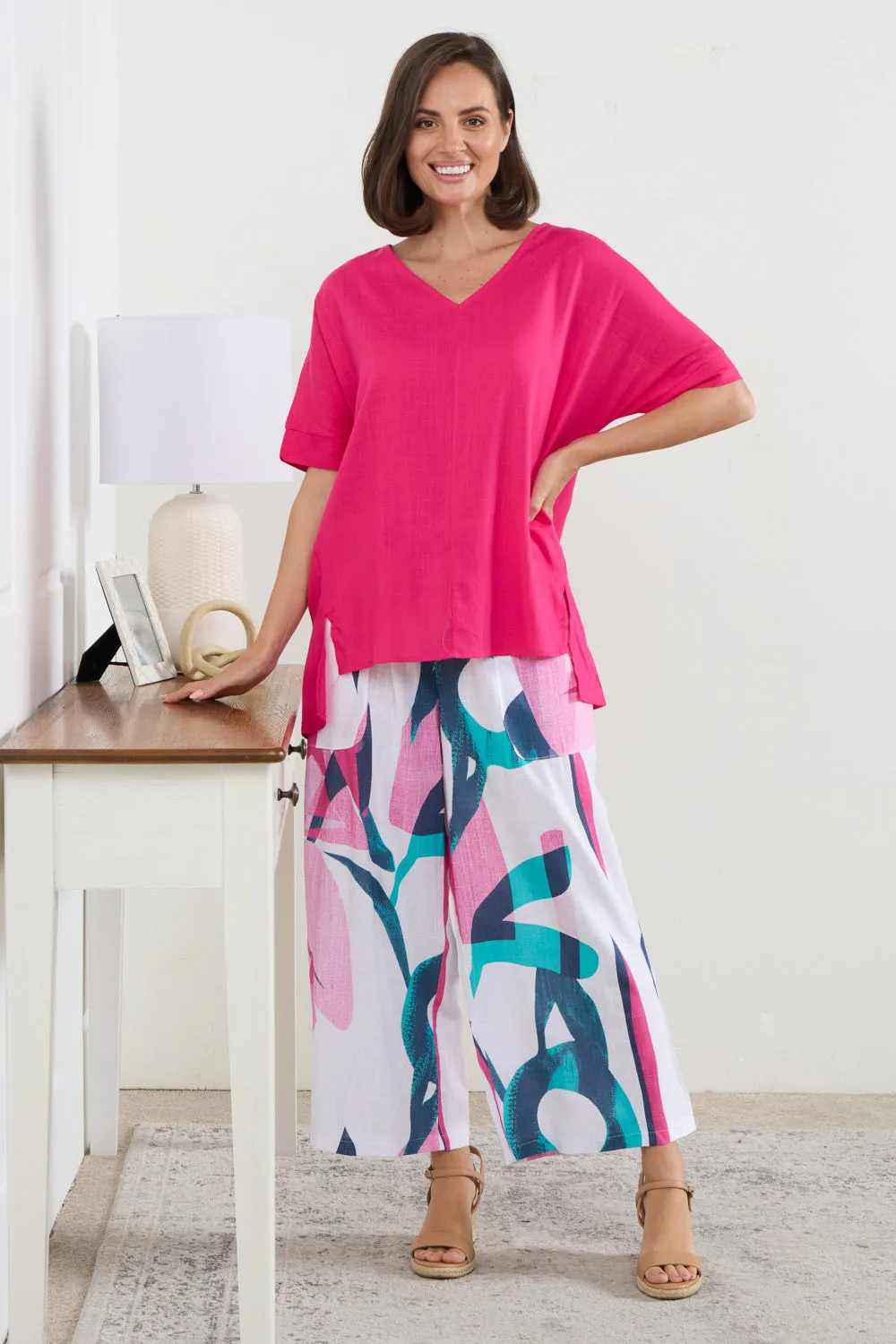 Aiko Linen Pants - Teal/Flamingo Pink Swirl