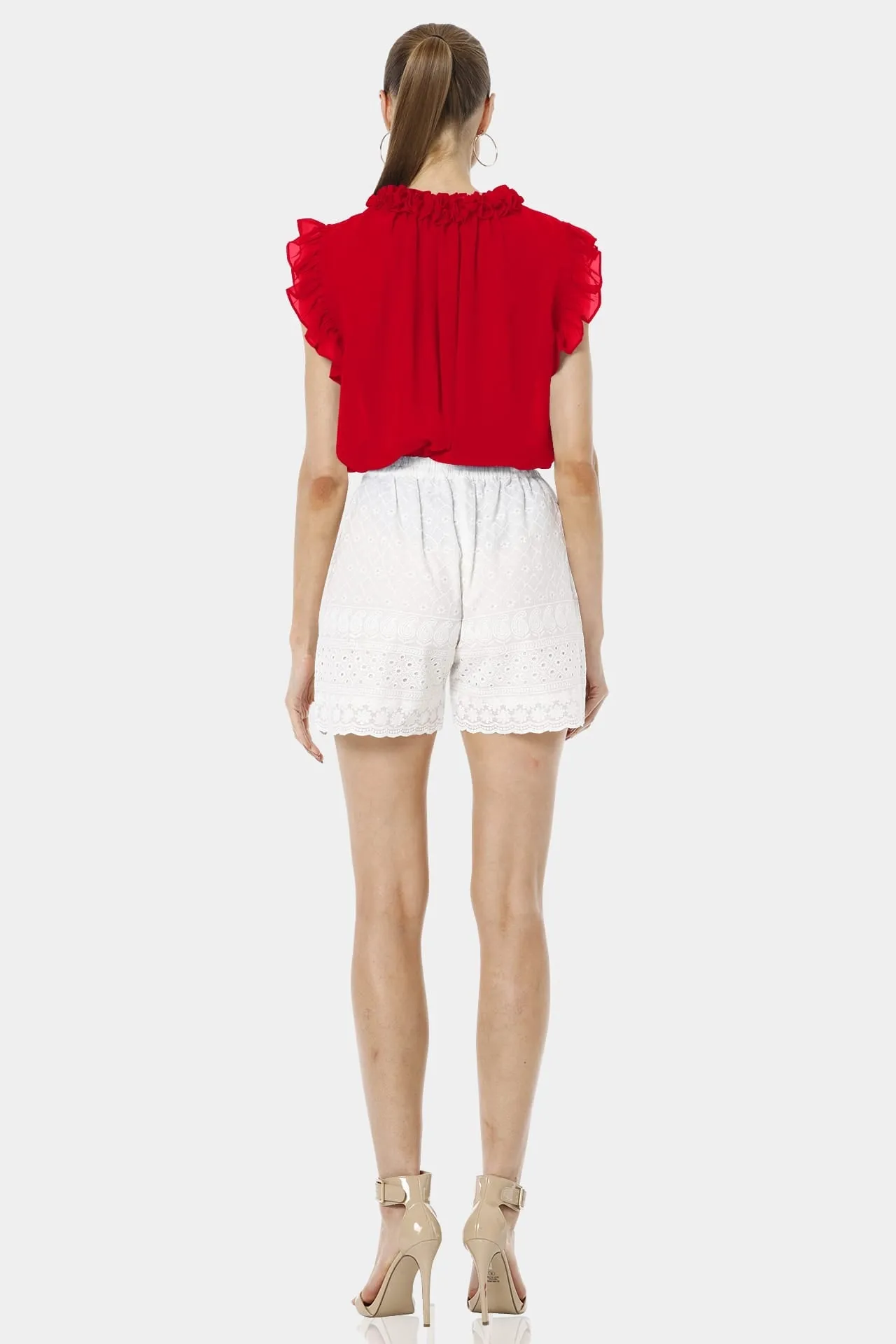 Aphrodite Red Short Top With Ruffle Sleeveless Design