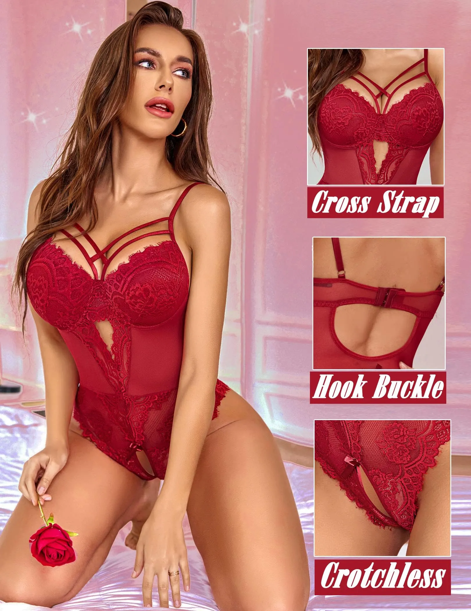 Avidlove Lingerie for Women Lace Bodysuit Harness Teddy Lingerie Valentine Lingerie One Piece Bodydoll