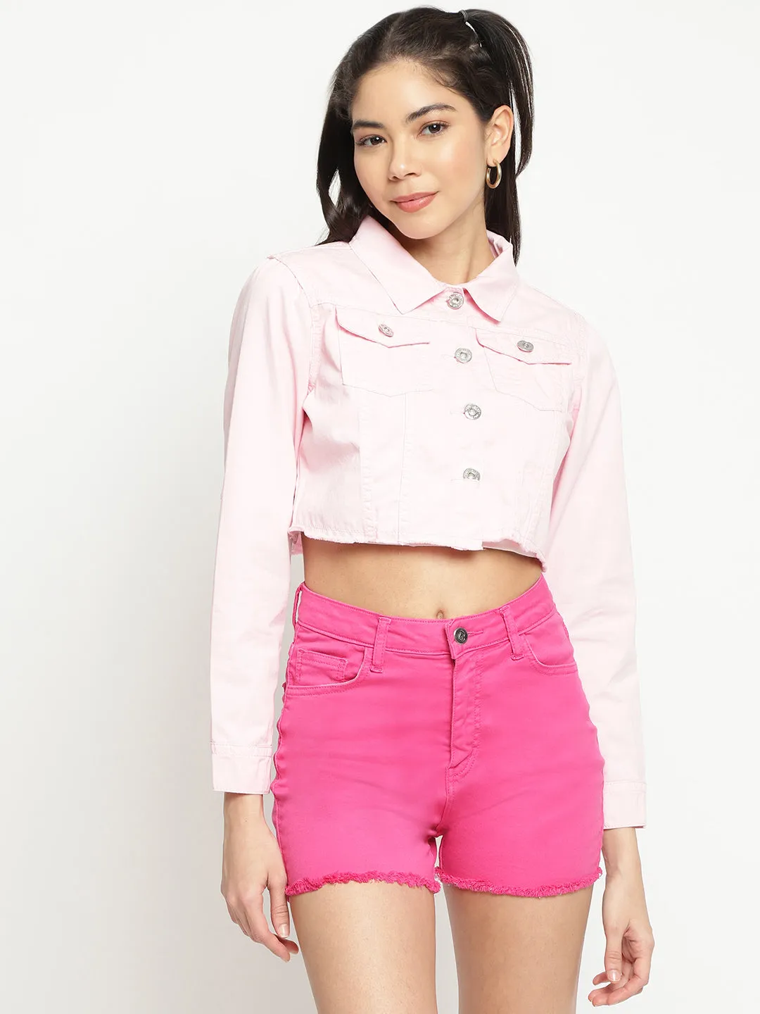 Baby Pink Cropped Denim Jacket