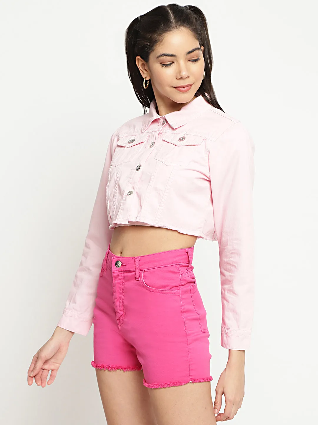 Baby Pink Cropped Denim Jacket