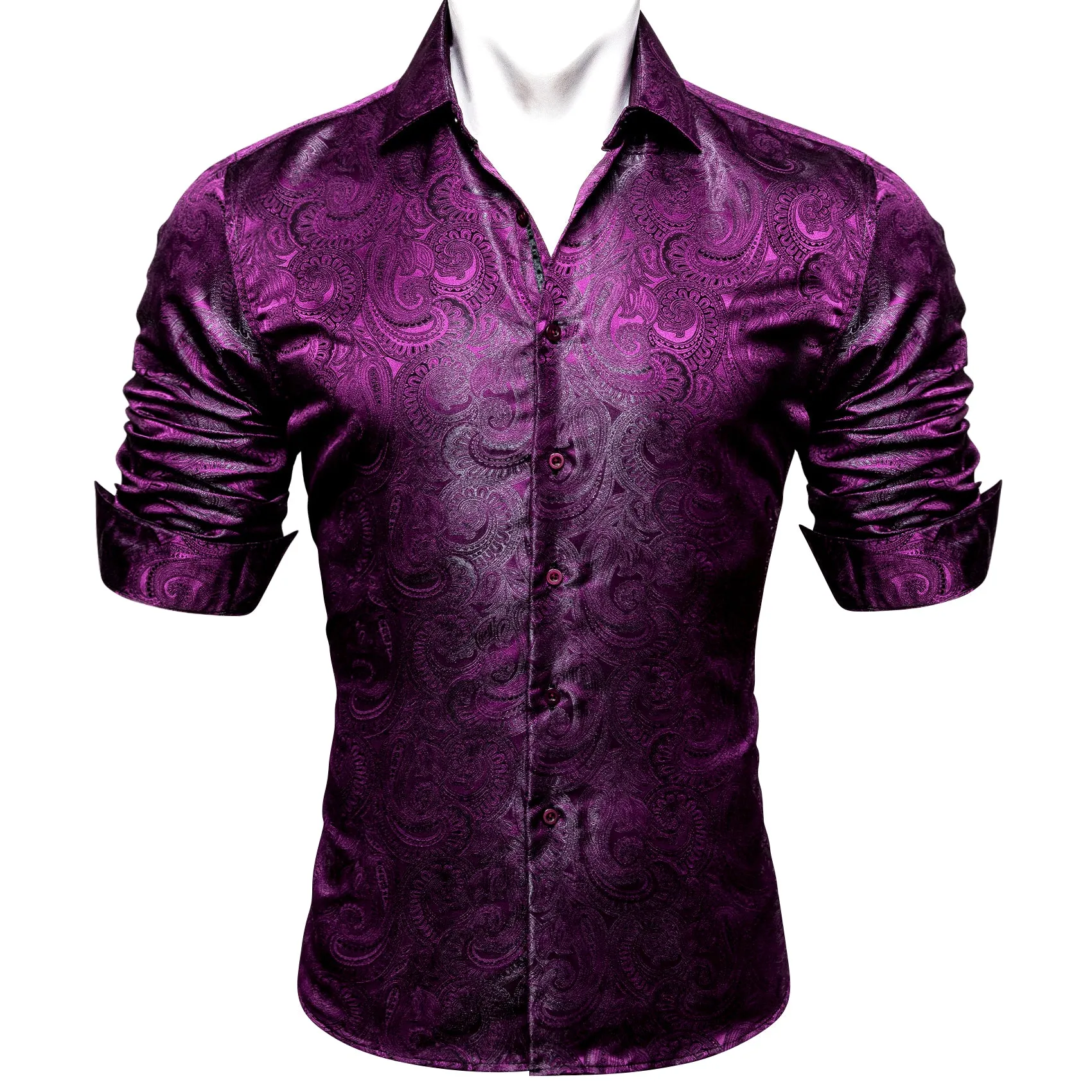 Barry Wang Violet Dark Purple Paisley Silk Men's Patterned Dress Shirt