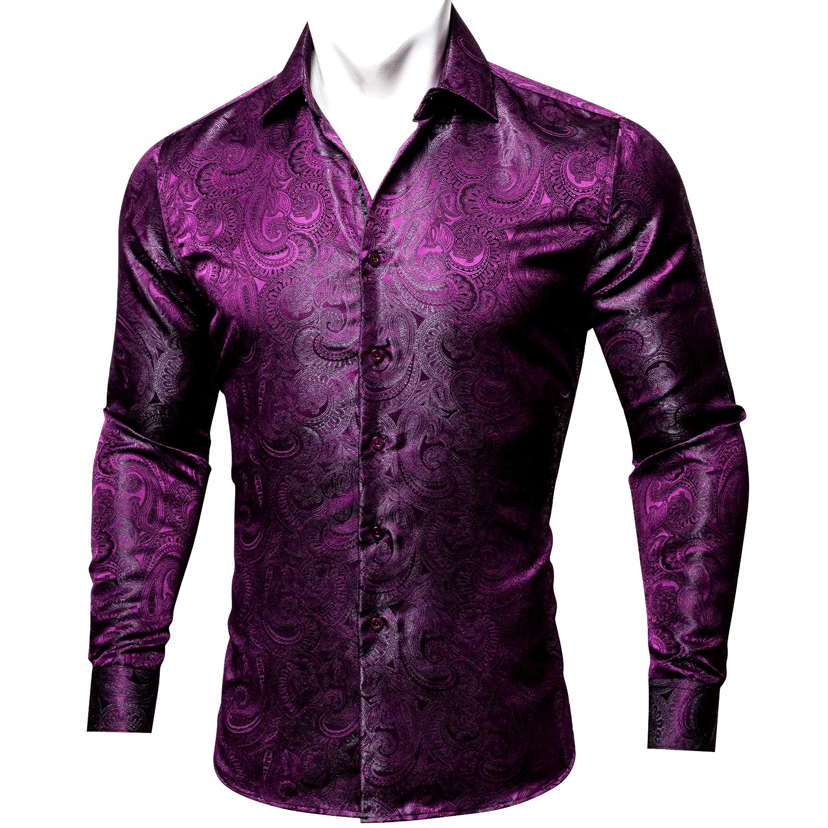 Barry Wang Violet Dark Purple Paisley Silk Men's Patterned Dress Shirt