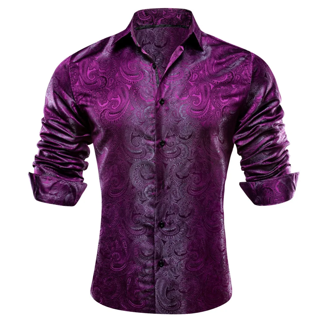 Barry Wang Violet Dark Purple Paisley Silk Men's Patterned Dress Shirt