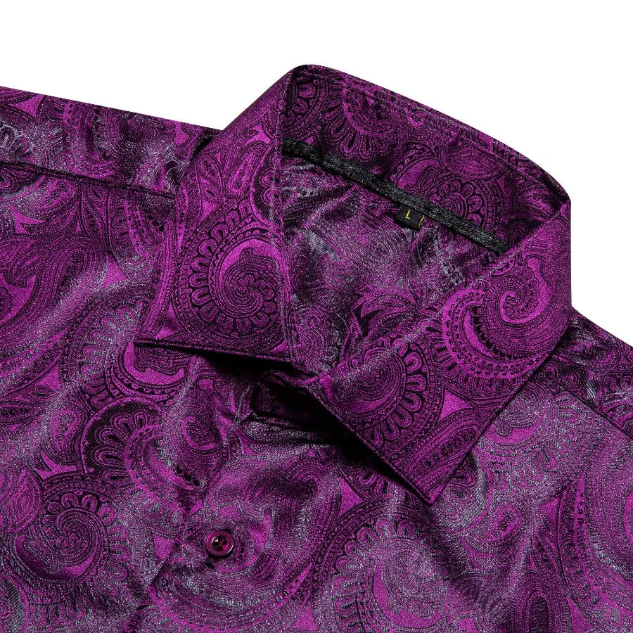 Barry Wang Violet Dark Purple Paisley Silk Men's Patterned Dress Shirt