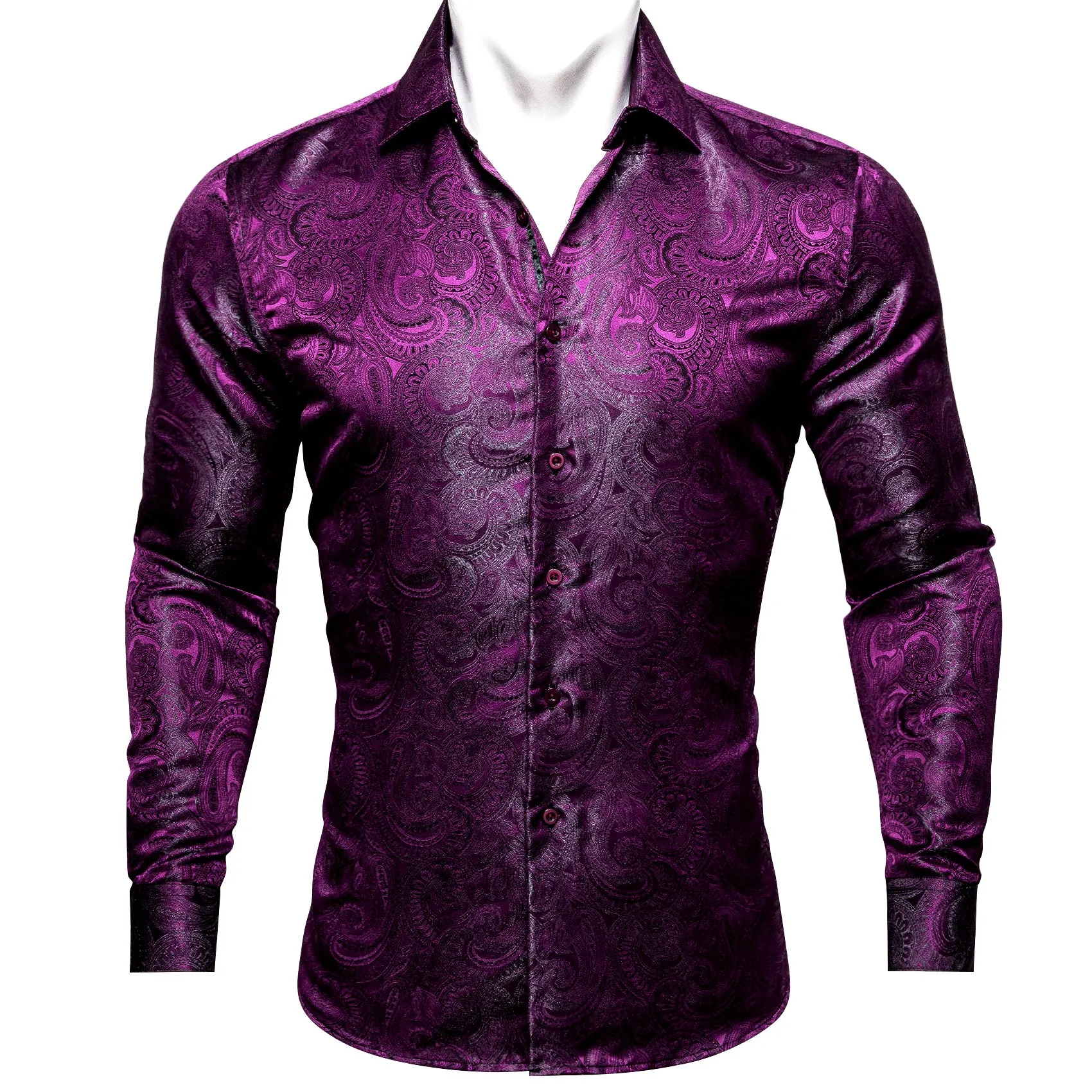 Barry Wang Violet Dark Purple Paisley Silk Men's Patterned Dress Shirt