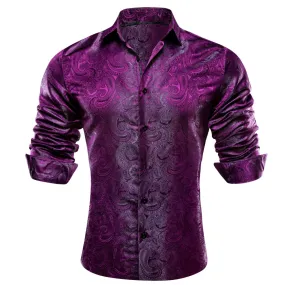Barry Wang Violet Dark Purple Paisley Silk Men's Patterned Dress Shirt