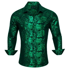 Barry.wang Men's Shirt Silk Emerald Green Bronzing Floral Jacquard Shirt