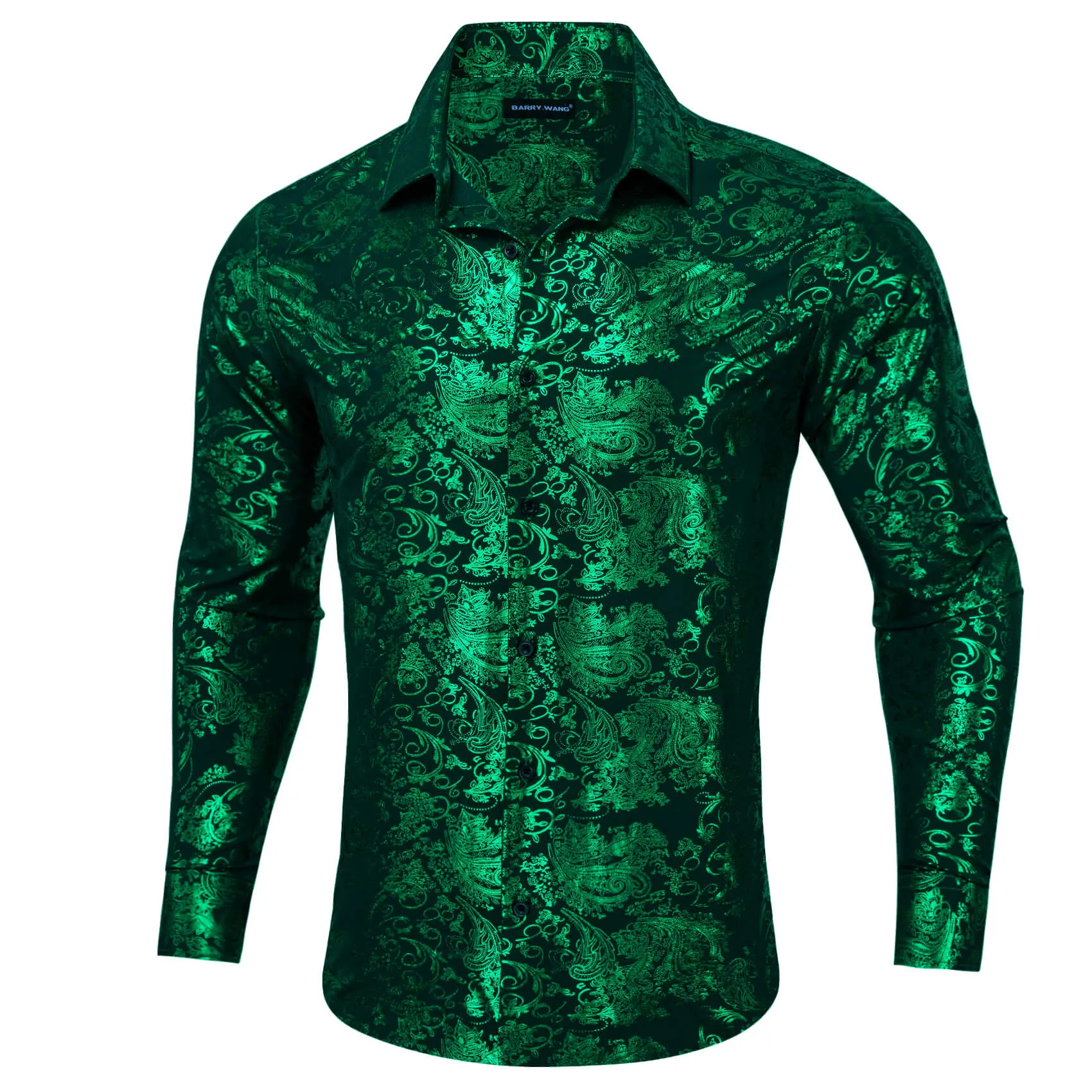 Barry.wang Men's Shirt Silk Emerald Green Bronzing Floral Jacquard Shirt