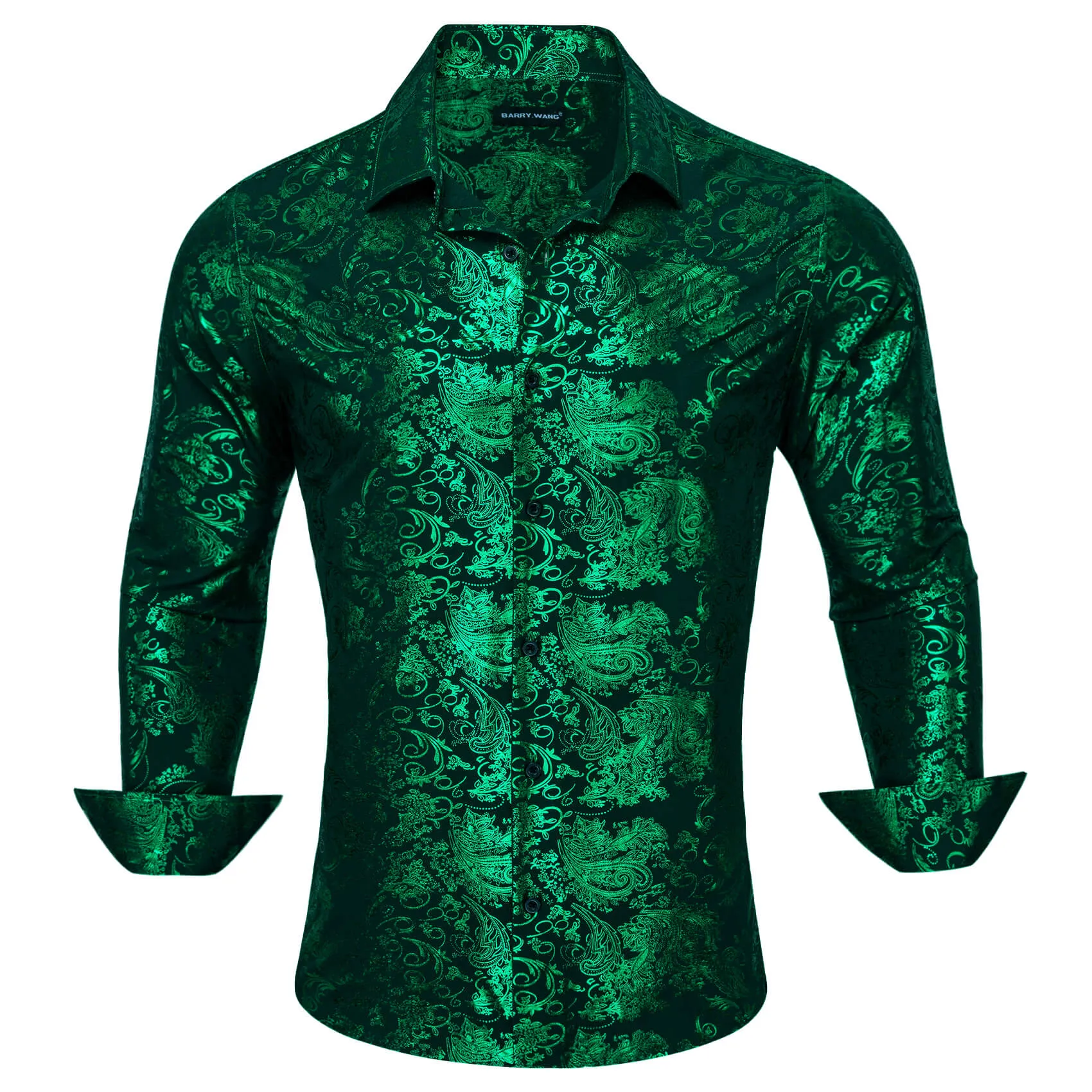Barry.wang Men's Shirt Silk Emerald Green Bronzing Floral Jacquard Shirt