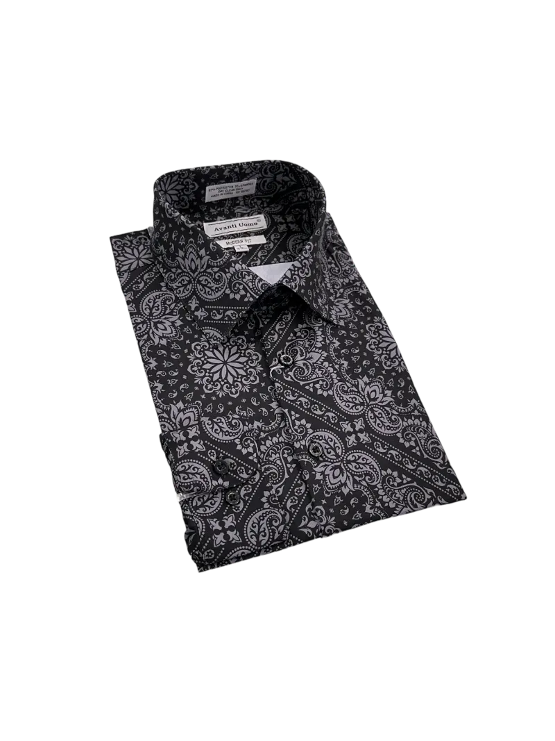 Black Grey Men's Fashion Design Paisley Dress Shirts Long Sleeves By Avanti Uomo