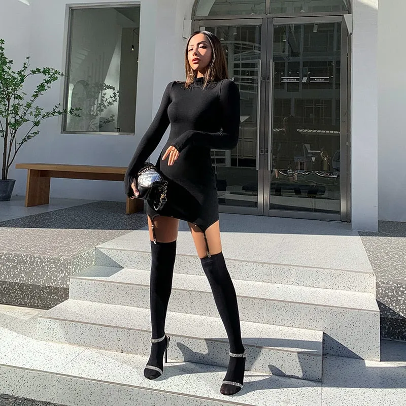 Black Long Sleeve Dress Ladies Skinny Bodycon Slim Dress Sets Leggings Tights Streetwear  New Womens Outifits