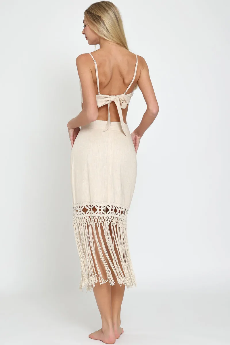 Bra Top and High Waisted Fringe Midi Skirt