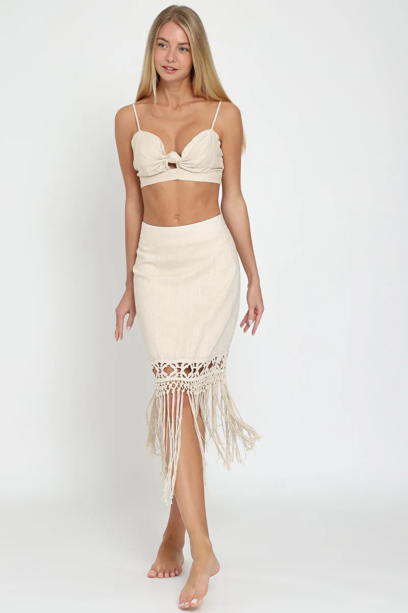 Bra Top and High Waisted Fringe Midi Skirt
