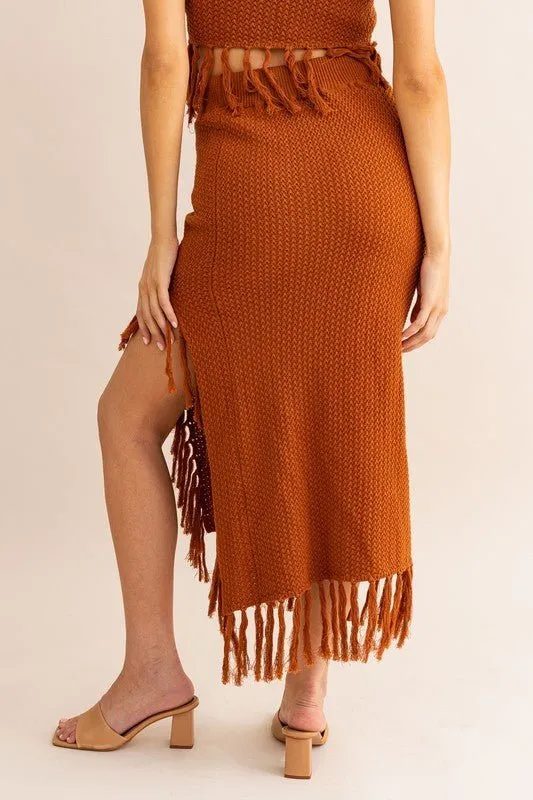 Brown Tassle Detail Sweater Midi Skirt