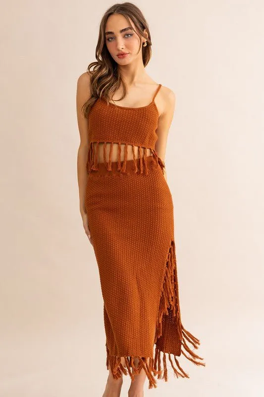 Brown Tassle Detail Sweater Midi Skirt