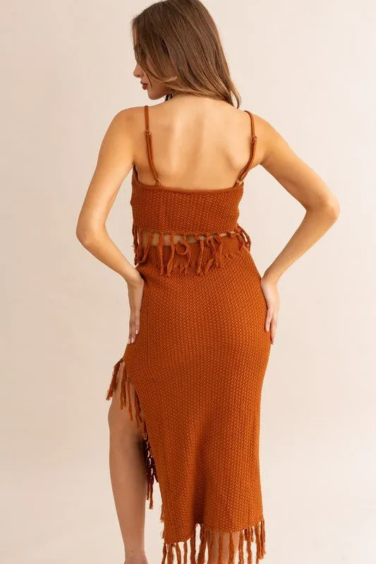 Brown Tassle Detail Sweater Midi Skirt