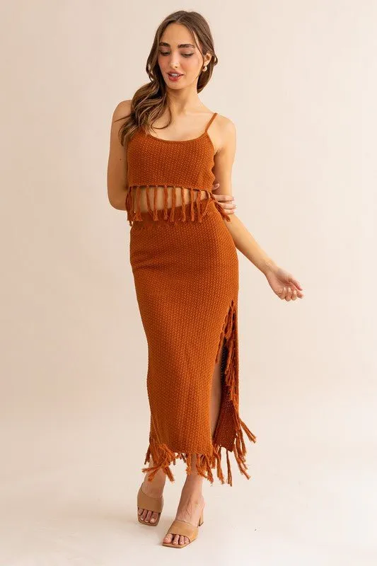 Brown Tassle Detail Sweater Midi Skirt