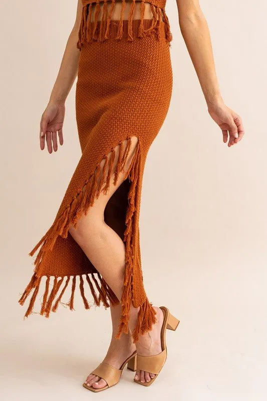 Brown Tassle Detail Sweater Midi Skirt