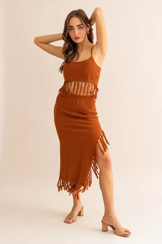 Brown Tassle Detail Sweater Midi Skirt