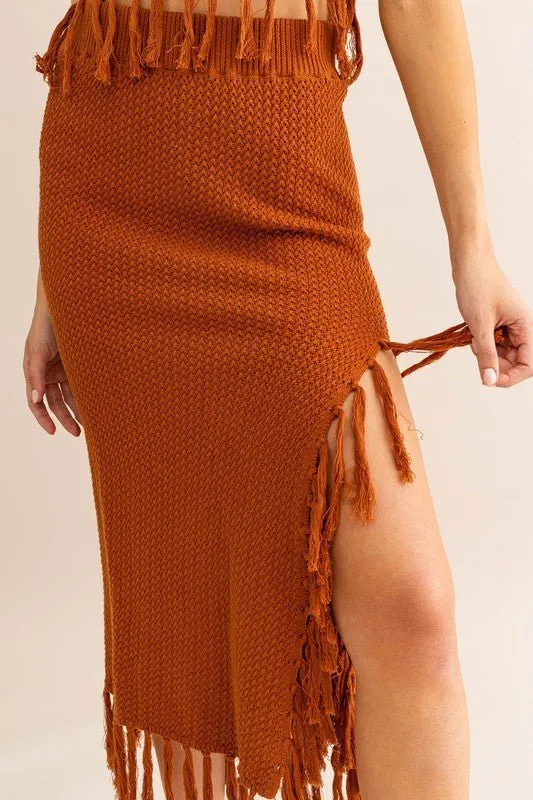 Brown Tassle Detail Sweater Midi Skirt