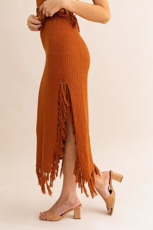 Brown Tassle Detail Sweater Midi Skirt