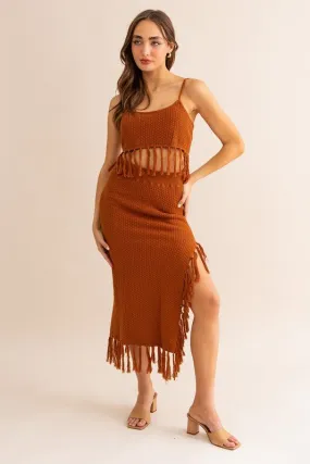 Brown Tassle Detail Sweater Midi Skirt