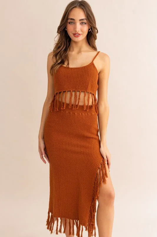 Brown Tassle Detail Sweater Midi Skirt