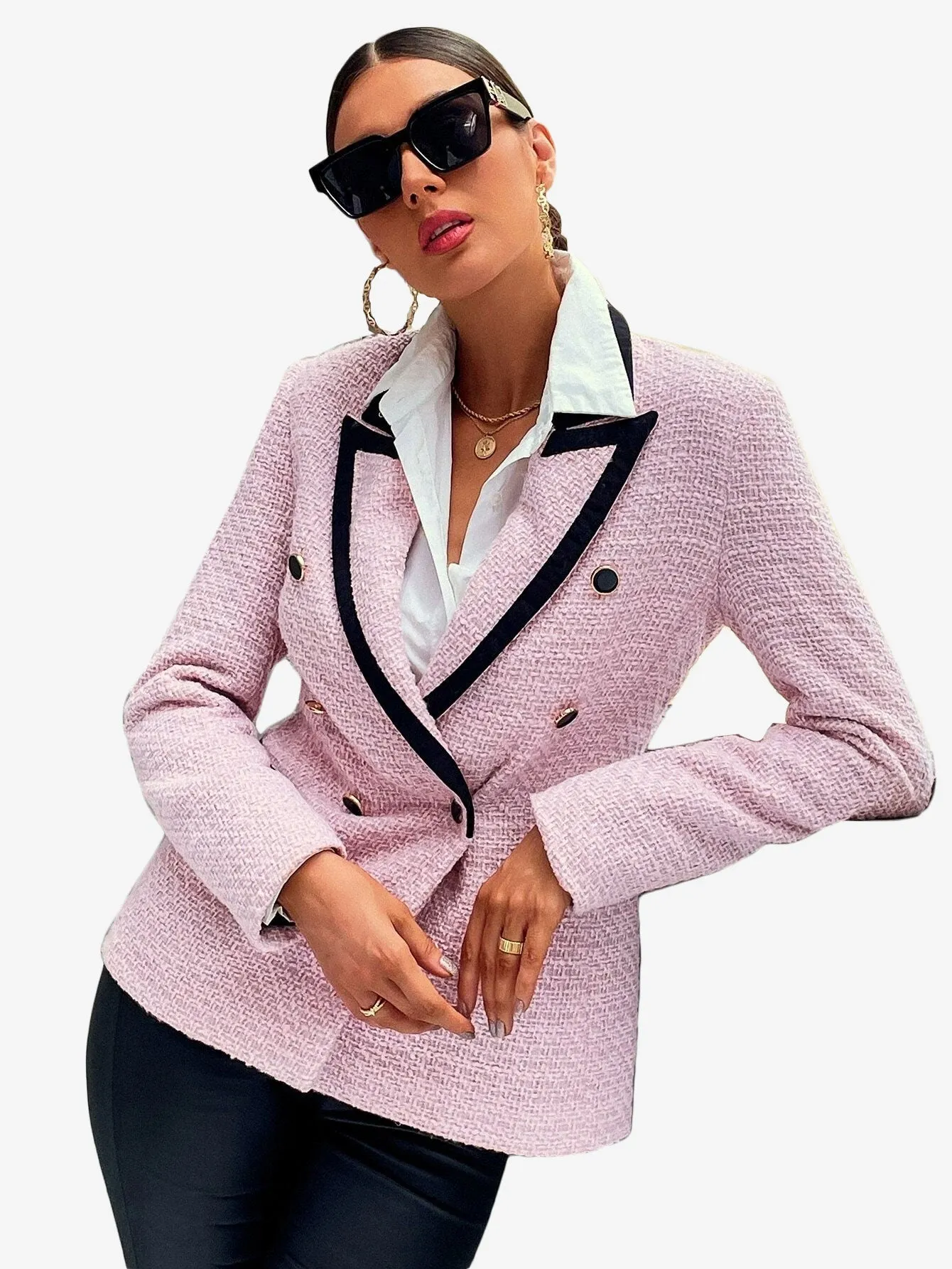 Contrast Binding Peak Collar Double Breasted Overcoat
