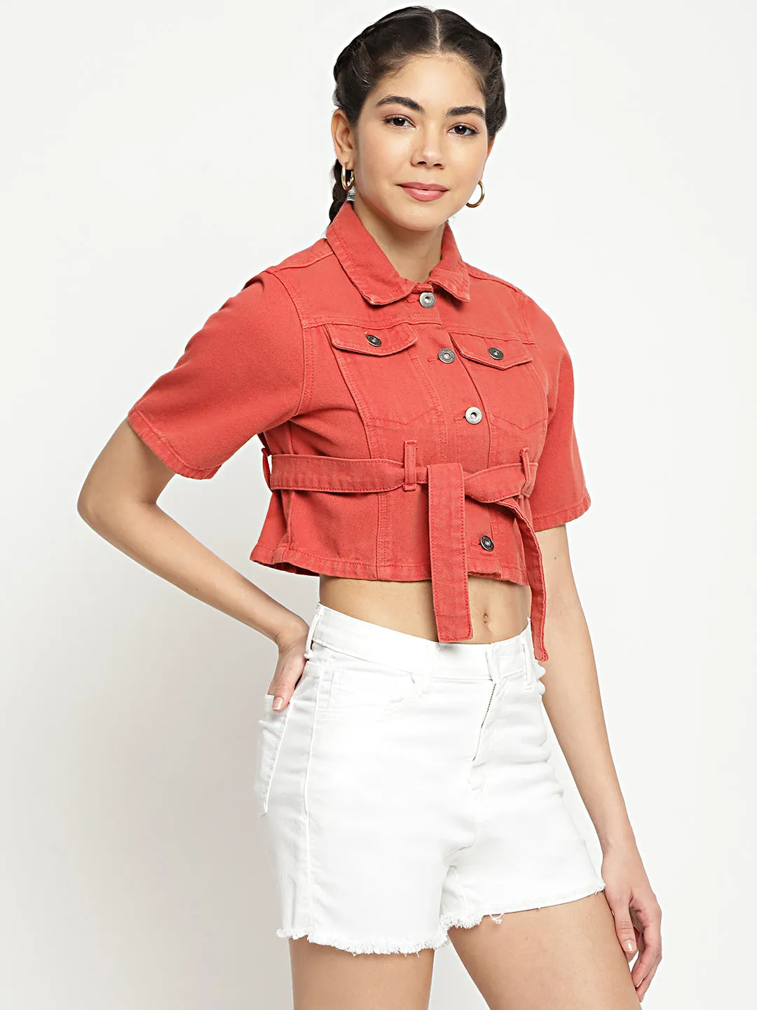 Cropped Denim Jacket With Belt