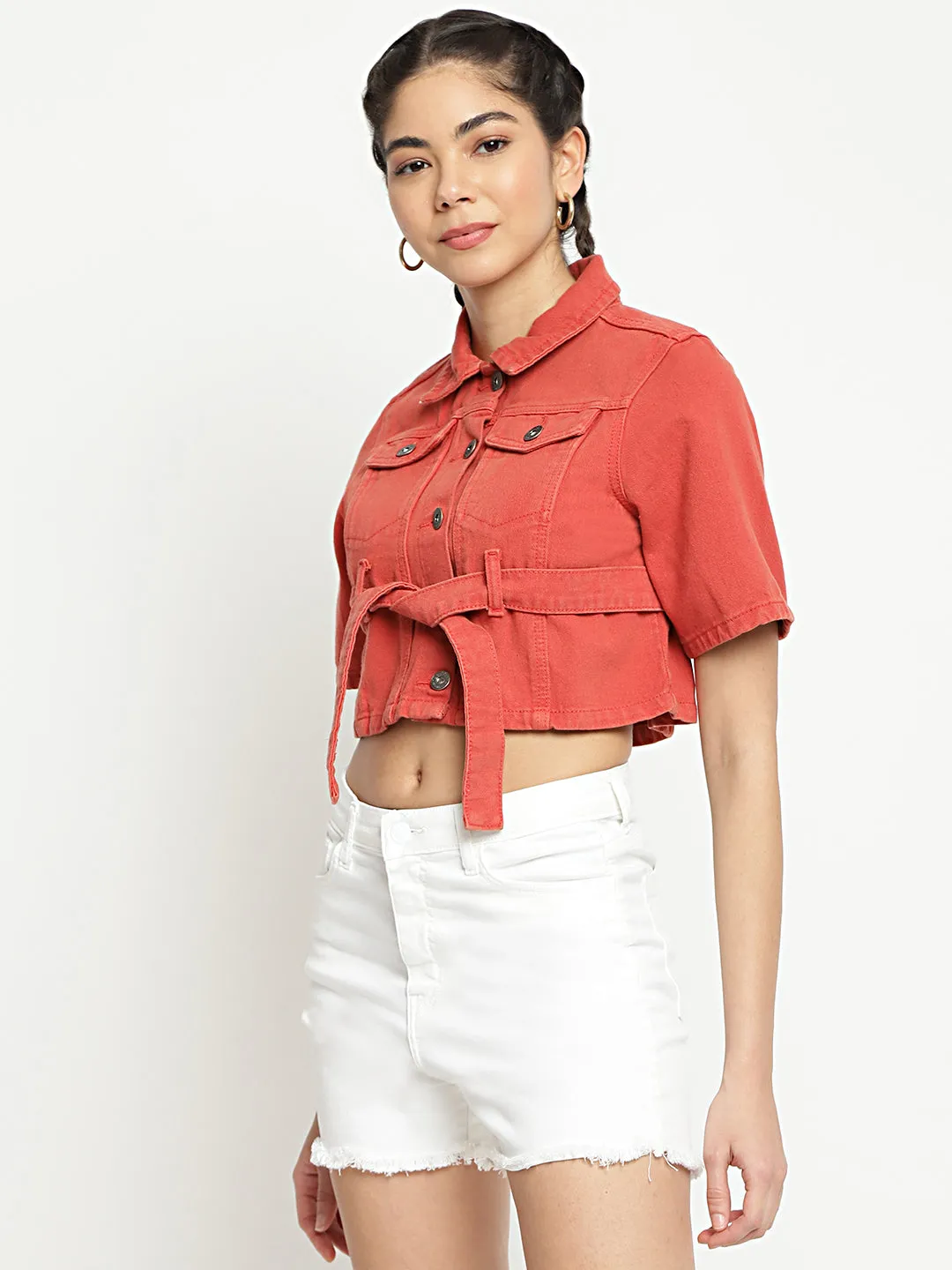 Cropped Denim Jacket With Belt
