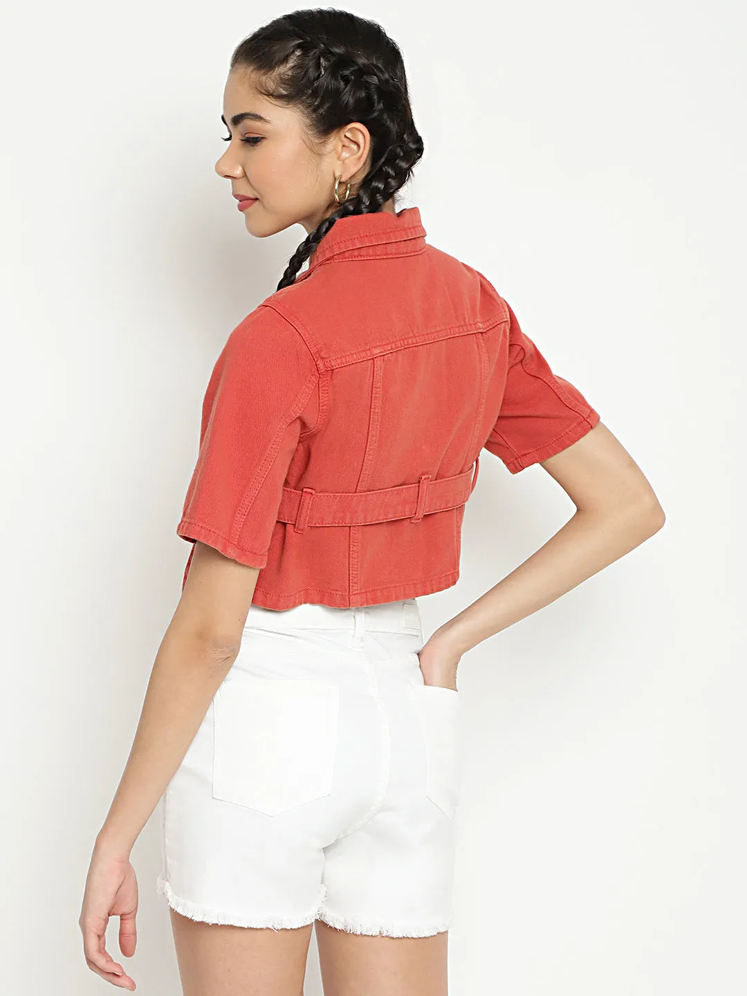 Cropped Denim Jacket With Belt