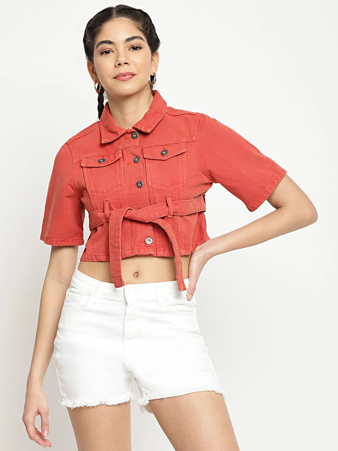 Cropped Denim Jacket With Belt