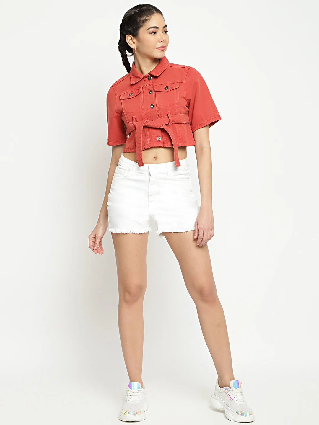 Cropped Denim Jacket With Belt