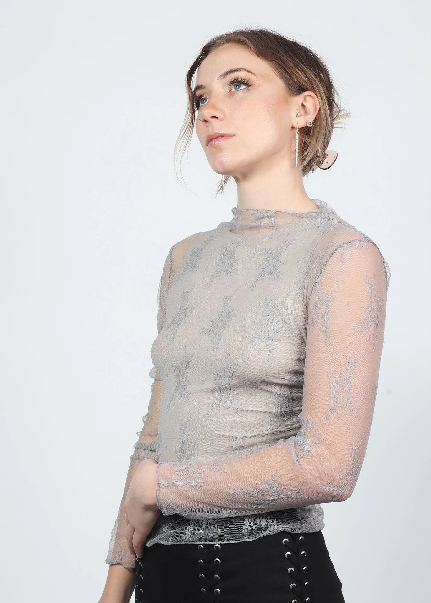 Delicate Lace Silver Grey Sheer Stretchy Layering Top