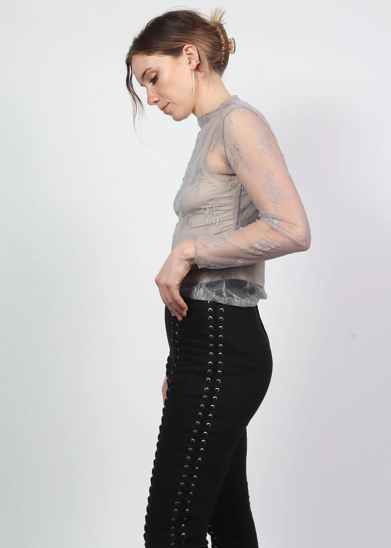 Delicate Lace Silver Grey Sheer Stretchy Layering Top