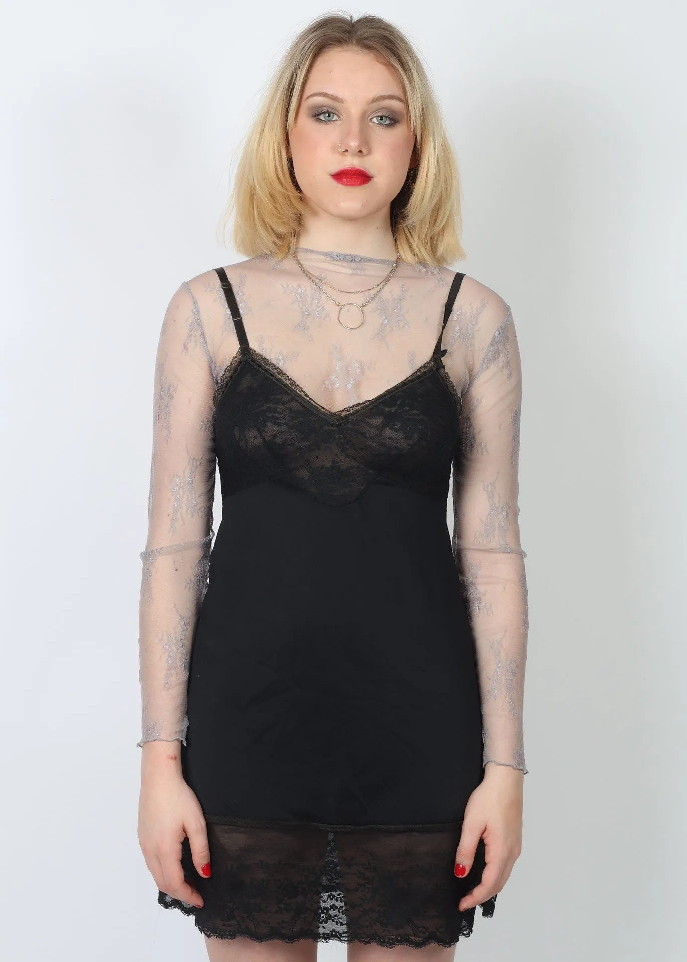 Delicate Lace Silver Grey Sheer Stretchy Layering Top