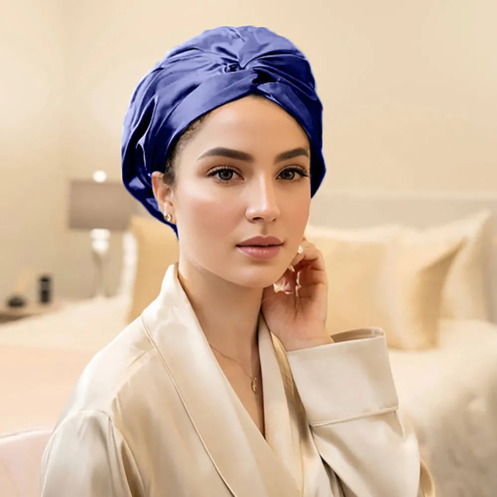 Double Layer Silk Bonnet - Navy Blue