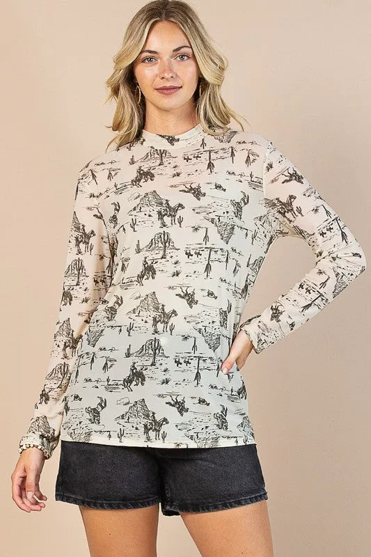 Evalina Wild West Print Semi Sheer Mesh Top