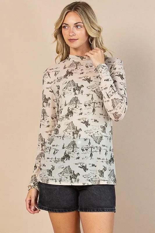 Evalina Wild West Print Semi Sheer Mesh Top